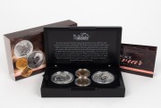 BLACK CAVIAR - SILVER PROOFS: 2013 RAM 'Black Caviar - Perfection' four-coin set, in original case with CoA and box, comprising Australian $1 1oz silver coin, Cook Islands $1 1oz silver coin, and two Australian $1 aluminium bronze coins.