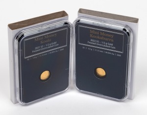 Group of two 2021 RAM 'Mini Money Kookaburra/Koala' $2 frosted uncirculated 0.5g gold coins, both in original transparent plastic presentation capsule, with card sleeves. (2 items)