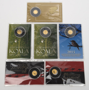 Group of six Perth Mint $2 0.016 troy oz miniature gold coins, all still sealed in original plastic case and retail wrapper, comprising 2013 Australian Kangaroo (x2), 2013 Australian Koala, 2014 Australian Koala, 2014 Australian Kookaburra, and 2015 Austr
