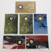 Group of six Perth Mint $2 0.016 troy oz miniature gold coins, all still sealed in original plastic case and retail wrapper, comprising 2013 Australian Kangaroo (x2), 2013 Australian Koala, 2014 Australian Koala, 2014 Australian Kookaburra, and 2015 Austr