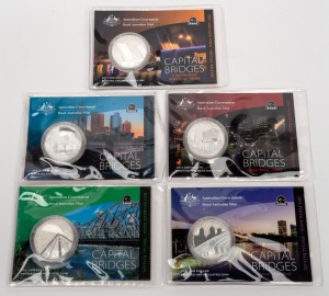 Group of five RAM 2011 'Capital Bridges' ANDA Special Release $1 1oz silver frosted uncirculated limited-edition coins, all in original packaging, comprising Melbourne, Sydney, Brisbane, Adelaide, and Perth. (5 items)