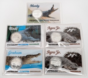 Group of five RAM 'Australian Saltwater Crocodiles' $1 1oz silver frosted uncirculated coins, all in original packaging, comprising 2013 Bindi, 2014 Graham, 2015 Agro Jr. (x2), and 2016 Monty. (5 items)