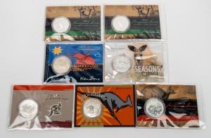 Group of seven RAM $1 1oz silver frosted uncirculated coins, all in original packaging, comprising 2000 Silver Roo, 2001 Silver Roo, 2009 Ken Done Silver Kangaroo, 2014 Kangaroo Series, 2015 Kangaroo Series (x2), and 2016 Seasons Change Kangaroo Series. (