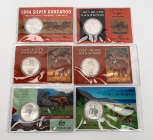 Group of six RAM Silver Kangaroo $1 1oz silver frosted uncirculated coins, all in original packaging, comprising the years 1994, 1995, 1997 (x2), 1998, and 1999. (6 items)