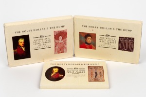 Group of three Perth Mint 'The Holey Dollar & The Dump' commemorative silver proofs, all in original packaging with CoA and card sleeve, comprising the 1988, 1989, and 1990 issues. (3 items)