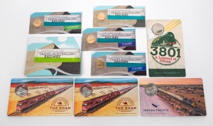 AUSTRALIAN RAILWAYS: Group of nine RAM carded uncirculated issues, including 2017 'Centenary Of The Trans-Australian Railway' four-coin set, 2018 '3801 - A Legend of Steam', 2019 'Celebrating 90 Years Of The Ghan' (x2), and others. (9 items)