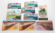 AUSTRALIAN RAILWAYS: Group of nine RAM carded uncirculated issues, including 2017 'Centenary Of The Trans-Australian Railway' four-coin set, 2018 '3801 - A Legend of Steam', 2019 'Celebrating 90 Years Of The Ghan' (x2), and others. (9 items)