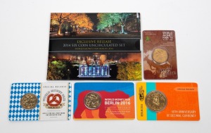 WORLD MONEY FAIR BERLIN: Group of five special-release uncirculated issues, comprising World Money Fair Berlin 2014 Exclusive Release Six Coin Uncirculated Set, World Money Fair 2015 $1 Ampelmann Privy Mark, Berlin 2016 50th Anniversary Of Decimal Currenc