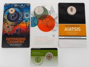 INDIGENOUS AUSTRALIA: Group of four RAM carded uncirculated issues, comprising 2014 50c '50th Anniversary Of AIATSIS', 2019 50c 'International Year Of Indigenous Languages', 2021 $2 'Indigenous Military Service', and 2021 $2 'Defending Country - Indigenou