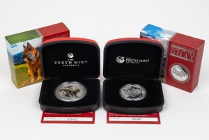 LUNAR CALENDAR: Two Perth mint coins, both in original cases with CoA and box, comprising 2015 50c 0.5oz silver proof Year Of The Goat, together with 2018 $1 1oz gilded silver Year Of The Dog. (2 items)