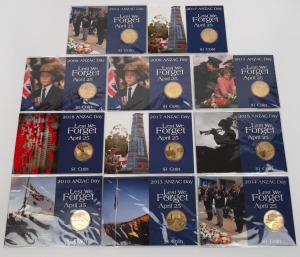 Group of eleven RAM ANZAC Day 'Lest We Forget - April 25' commemorative uncirculated one dollar coins, most still sealed, comprising 2009 (x2), 2010, 2011, 2013, 2014 (x2), 2015, 2017 (x2), and 2018. (11 items)
