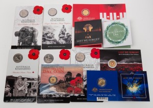 Group of eleven RAM carded uncirculated commemorative coin issues, including six different 2009-2013 'Australia Remembers', 2015 & 2017 $2 Remembrance Day, 2018 $2 'Lest We Forget - Eternal Flame', 2018 'Remembrance Day - Armistice Centenary', and others.