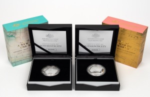 DOMED SILVER PROOFS: Two RAM 2019 'A New Map Of The World' $5 1oz coins, both in original case with CoA and box, comprising '1626 - Columbus - Drake - Cavendish - Magellan' [#1626/5000], together with '1812 - Captain Cook's Tracks and his Discoveries' [#3