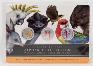 WMF BERLIN 2016: RAM 'Special Release Alphabet Collection' $1 three-coin carded frosted uncirculated silver set, in original plastic sleeve.