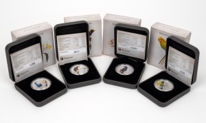 FIFTY CENTS: Group of four Perth Mint 2013 &frac12;oz silver proofs, all in original cases with CoA and box, comprising Splendid Fairy-Wren, Regent Bowerbird, Budgerigar, and Red-Tailed Black-Cockatoo. (4 items)