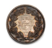 CRYSTAL PALACE PICTURE GALLERY: silver medal (63mm, 130g) made by John Piches, depicting Britannia flanked by Plenty and Learning, with Fame flying overhead; engraved verso "AWARDED BY THE CRYSTAL PALACE COY for a PICTURE "BATTLE OF LA HOGUE" by A. BALLIN