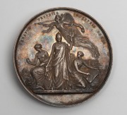 CRYSTAL PALACE PICTURE GALLERY: silver medal (63mm, 130g) made by John Piches, depicting Britannia flanked by Plenty and Learning, with Fame flying overhead; engraved verso "AWARDED BY THE CRYSTAL PALACE COY for a PICTURE "BATTLE OF LA HOGUE" by A. BALLIN - 2