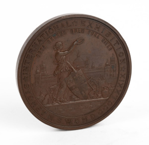 1879 SYDNEY INTERNATIONAL EXHIBITION bronze award medal by Wyon (77mm, 222g) engraved to "A. BALLIN" for "FIRST AWARD". Ballin exhibited four etchings at the Sydney Exhibition; they depicted ships involved in the Battle of Trafalgar.