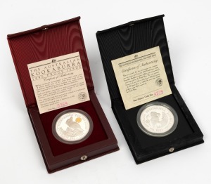 1992 2oz $2 silver proof Kookaburra in original case; one of only 500 with additional privy mark for sale at the NAA Coin Fair, Adelaide, September 1992; numbered 4379. Together with a 1996 2oz $2 silver proof Kookaburra in original case, one of just 1500