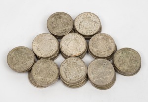 FLORINS: 1941, 1942 & 1943 (1 of each), 1944 (3) plus a duplicated range of 44 later years; mixed condition. (Total: 50).