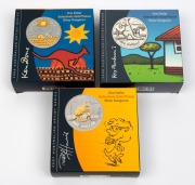 ONE DOLLAR - 1oz SILVER COINS: Group of three RAM Australian Artist Series selectively gold-plated Silver Kangaroo coins, comprising 2007 Rolf Harris, 2008 Reg Mombassa, and 2009 Ken Done. (3 items)