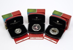 ONE DOLLAR - YEAR OF THE PIG: Group of three 2019 Perth Mint 1 troy oz silver coins, all in original cases with CoA and box, comprising one high-relief proof variant, one coloured proof variant, and one gilded variant. (3 items)