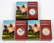 ONE DOLLAR - YEAR OF THE PIG: Group of three 2019 Perth Mint 1 troy oz silver coins, all in original cases with CoA and box, comprising one high-relief proof variant, one coloured proof variant, and one gilded variant. (3 items) - 2