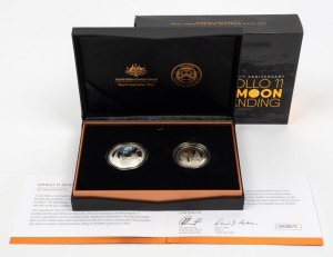 APOLLO 11 MOON LANDING - SILVER PROOF: RAM/United States Mint 2019 50th Anniversary two-coin set, in original case with CoA and box, comprising Australian five dollar coloured 1oz silver coin, together with US half-dollar cupro-nickel coin.