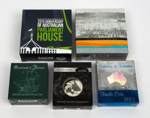 FIVE DOLLARS: Group of five RAM government anniversary silver proofs, all in original cases with CoA and box, comprising 2001 'Centenary of Federation - Finale Coin', 2004 'Bicentenary of Tasmania', 2009 '150 Years Of State Government - Queensland', 2013 