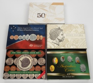 Group of five RAM proof sets, all in original cases with CoA and box, comprising 1991 'Commemorating 25 Years Of Decimal Currency', 2004 'Australia's Coins', 2006 '40 Years of Decimal Currency', 2015 '50th Anniversary Of The Royal Australian Mint', and 20