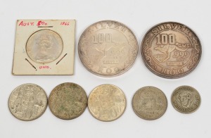 16 · An unusual group, comprising of 2 x 100g Silver Roo ingots (one dated 1975), an Australian 1946 Shilling and 2/- plus four x 1966 50c coins. (8 items).