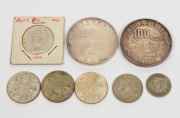 An unusual group, comprising of 2 x 100g Silver Roo ingots (one dated 1975), an Australian 1946 Shilling and 2/- plus four x 1966 50c coins. (8 items).