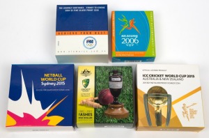 FIVE DOLLARS - 1oz SILVER PROOFS: RAM sport-themed coins, all in original cases with CoA and box, comprising 2004 The Journey Continues - Sydney To Athens, 2006 Melbourne XVIII Commonwealth Games, 2007 The Ashes, 2015 ICC Cricket World Cup Australia & New