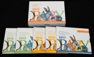 BABY COINS: RAM 2015 Baby Coin Proof Set in original case with CoA and box, together with 2015 (x2), 2016 (x2), and 2017 uncirculated baby coin sets, in original packaging, with bonus tokens present. (6 items)