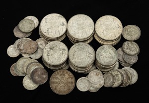 A quantity of 3d, 6d, 1/- and 2/- coins (incl. base-metal forgeries of 1925 & 1927 florins) together with 19 x 1966 50c coins. (qty). Total weight: 600g +.