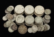A quantity of 3d, 6d, 1/- and 2/- coins (incl. base-metal forgeries of 1925 & 1927 florins) together with 19 x 1966 50c coins. (qty). Total weight: 600g +.