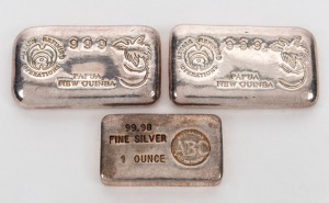 SILVER INGOTS: An ABC 1 ounce ingot, together with two 2 ounce ingots by MRO (Papua New Guinea). (3 items; 5oz).