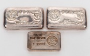 SILVER INGOTS: An ABC 1 ounce ingot, together with two 2 ounce ingots by MRO (Papua New Guinea). (3 items; 5oz).
