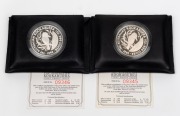 1990 $5 (1oz) Kookaburra silver Proof coins, (2) in the leather wallets of issue, with consecutively numbered certificates.