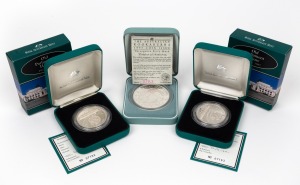 1997 $2 (2oz) Kookaburra Proof with "Threepence" Privy Mark with numbered Certificate of Authenticity in case of issue; together with two examples of the $1 (1oz) Parliament House coin, each with Certificate in the original case of issue. (3 items).