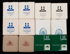 $10 SILVER PROOFS in the original cases of issue: 1982 Commonwealth Games (2), 1985 Victoria (2), 1986 South Australia (2), 1987 New South Wales (2), 1988 Bicentenary & 1989 Queensland. (Total: 12).