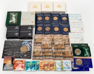 A collection of mainly 1990s ONE DOLLARS Unc with various Mint Marks, (30), 1984 ONE DOLLAR Proofs (3), 1988 TWO DOLLAR Proofs (2), 1988 & 1996 FIVE DOLLAR Proofs (2), and Unc FIVE DOLLARS on cards (5).