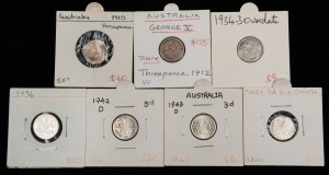 A nice group of Threepences, comprising of 1910 EF, 1912 VF, 1934/3 Overdate F, 1936 EF, 1942D Unc, 1943D Unc, and 1944S Unc. (7 coins).
