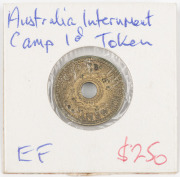 WW2 INTERNMENT CAMP CURRENCY TOKEN: One Penny, brass, EF.