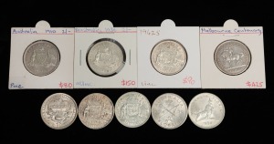 FLORINS: 1910 F, 1927 Canberra aUnc, 1934/35 Centenary VF, 1936 aUnc, 1942S Unc, 1943S VF, 1951 Jubilee aUnc, 1954 Royal Visit aUnc, and 1962 aUnc. (Total: 9).