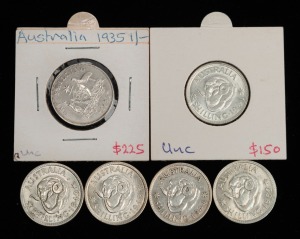 SHILLINGS: 1935 EF, 1941 aUnc, 1942S EF, 1943S aUnc, 1944S VF, and 1962 aUnc. (Total: 6).