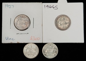 SIXPENCES: 1927 Unc, 1942D EF, 1944S EF and 1962 Unc. (Total: 4).