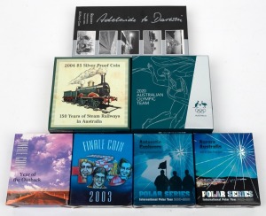 FIVE DOLLARS: Group of seven RAM silver proofs, all in original cases with CoA and box, comprising 2002 'Year of the Outback - Finale Coin', 2003 'Finale Coin', 2004 'Adelaide to Darwin', 2004 '150 Years of Steam Railways in Australia', 2009 Polar Series 