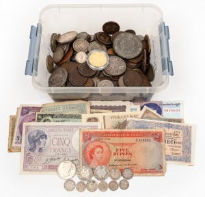 An accumulation of coins and banknotes in a small box; approx. 3.4kg, noted Asian, European, English, USA, Canada, etc., with much late 1800s-early 1900s.