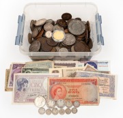 An accumulation of coins and banknotes in a small box; approx. 3.4kg, noted Asian, European, English, USA, Canada, etc., with much late 1800s-early 1900s.